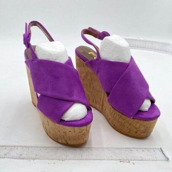 Women Peep Toe Platform Wedge Cork High Heel Slingback Sandals Suede Purple - Picture 4 of 8